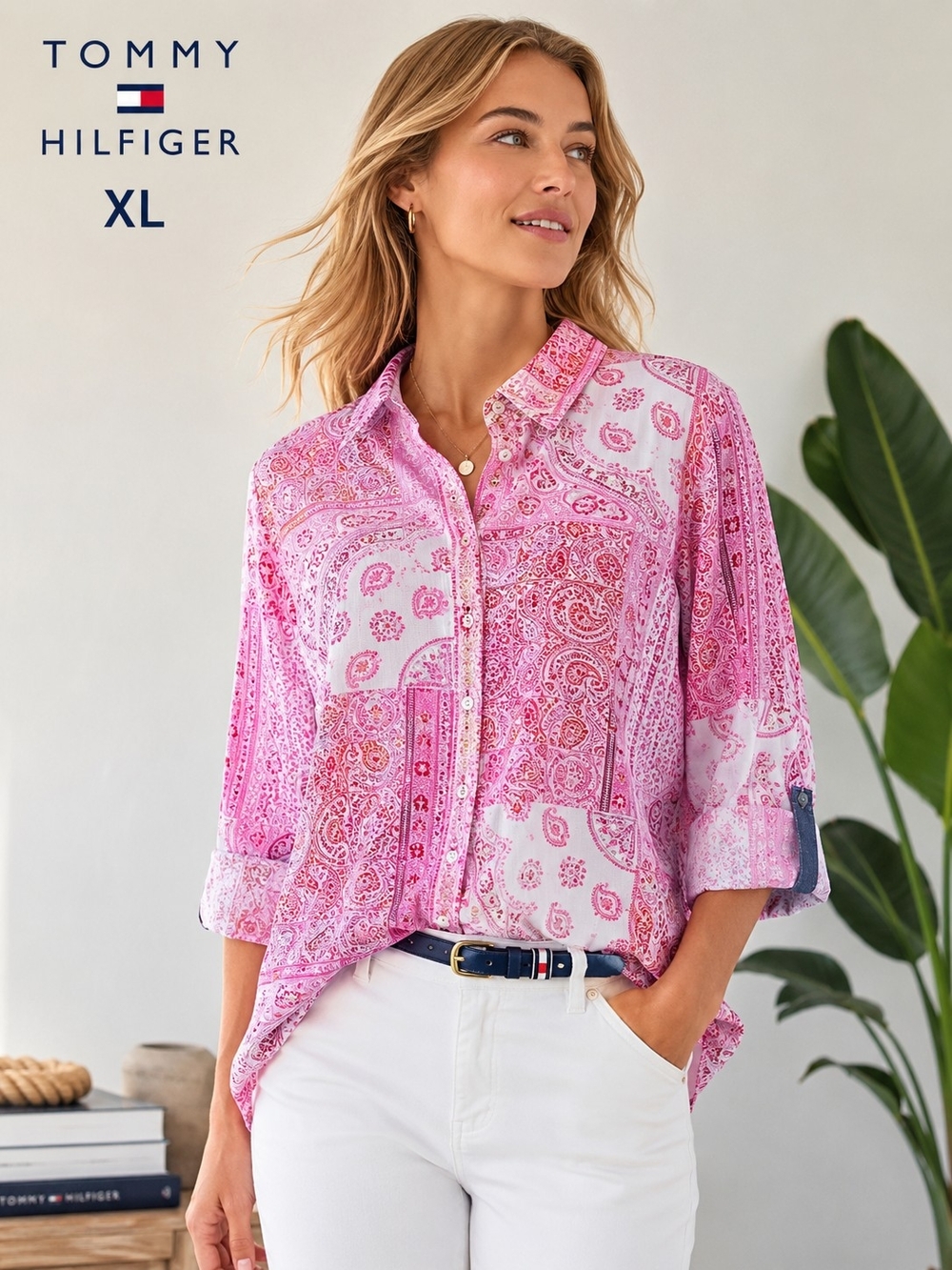 Tommy Hilfiger Women’s Pink Paisley Button Front Shirt Size XL